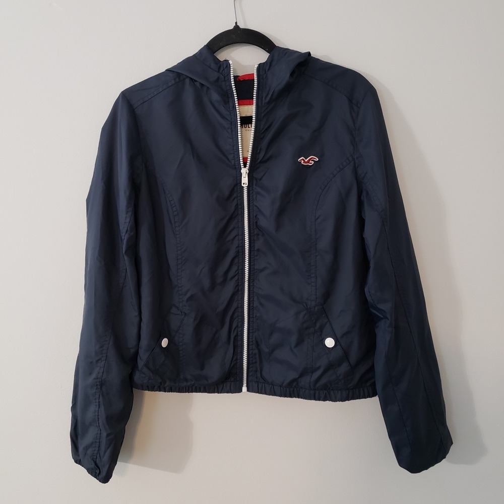 Vintage Hollister Womens Y2K Lightweight Jacket Large Preppy Hood Zip Up Navy